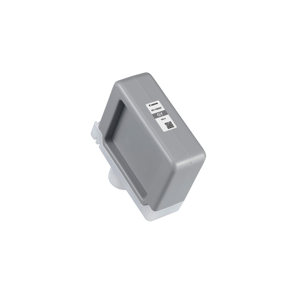 Gray ink cartridge with a rectangular shape, featuring a white base and a label on the side, designed for Canon IPF Pro-2 printers, holding 160ml of ink.