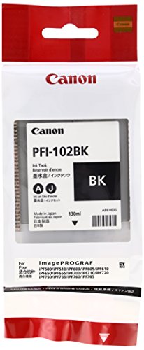 Black ink cartridge in a clear plastic packaging, labeled "Canon PFI-102BK," featuring a 130ml capacity, ideal for imagePROGRAF printers.