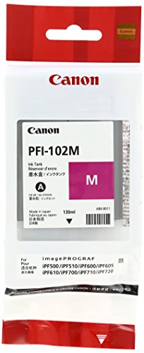 Magenta ink cartridge in a clear plastic packaging with a red and white design, labeled "Canon PFI-102M," containing 130ml of ink for specific Canon printers.