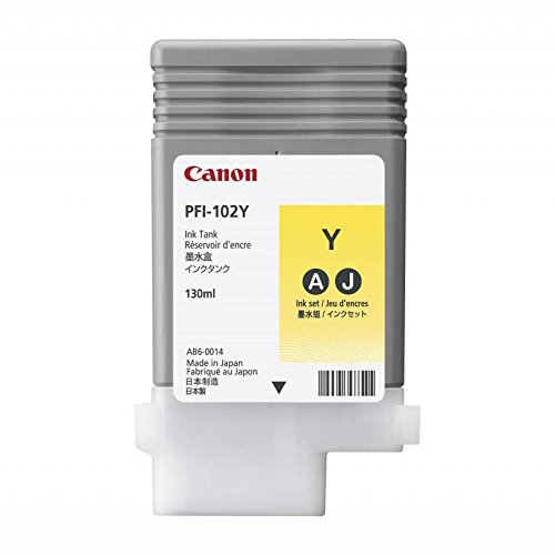 Yellow ink cartridge labeled PFI-102Y, featuring a gray body and a white connector, with a capacity of 130ml, designed for Canon printers.