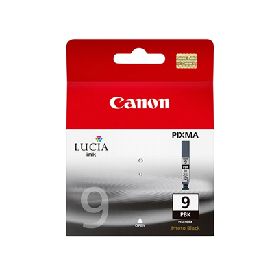 Red and white packaging for Canon PGI-9PBK original pigment photo black cartridge, featuring the number "9," "LUCIA ink," and "PIXMA" branding.