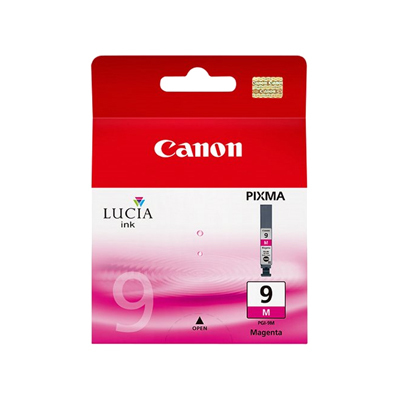 Canon PGI-9M pigment magenta ink cartridge packaging features a bright red background, white text, and a colorful logo, with a clear view of the cartridge number and color.