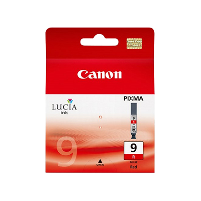 Red packaging featuring the Canon logo, labeled "PIXMA" and "LUCIA ink," with a clear view of the ink cartridge number "9" and "R" for red ink.