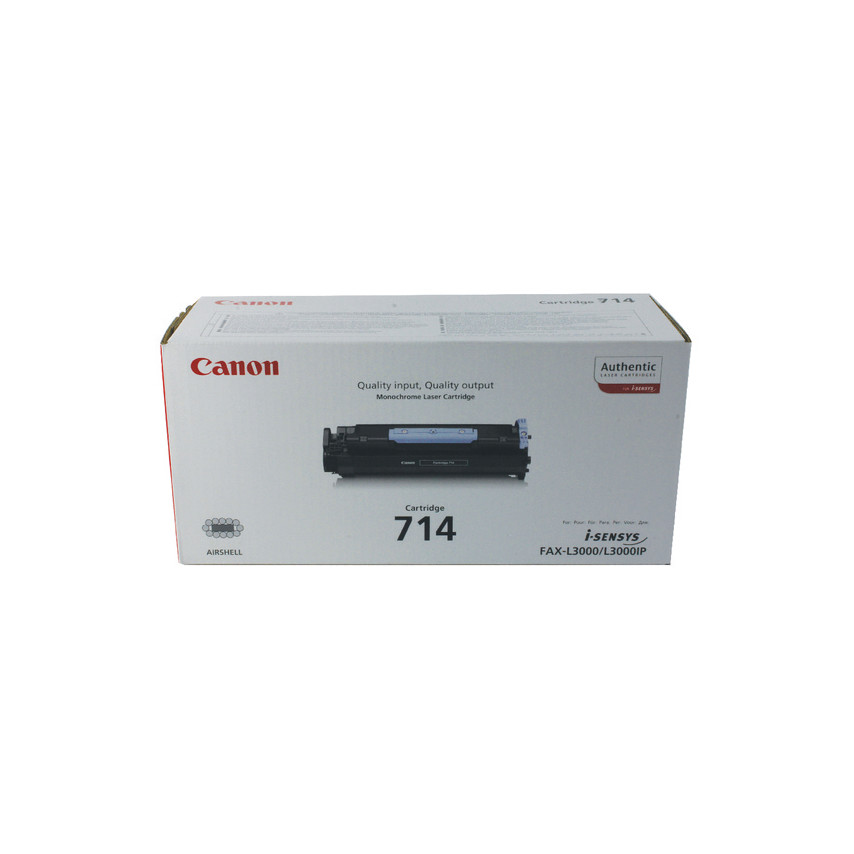 Black toner cartridge in a white box with red Canon branding, labeled "Cartridge 714," designed for Canon fax machines, with a yield of 4.5K pages at 5% coverage.