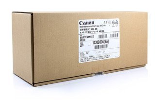 Brown cardboard box labeled "Canon Maintenance Cartridge MC-08" with product details and barcodes, featuring the Canon logo prominently on the top.