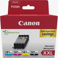 Canon CLI-581XXL ink cartridge multi pack with black, cyan, magenta, yellow cartridges in red and white packaging.