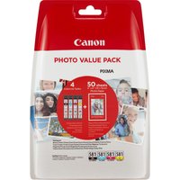 Canon ink cartridge multi pack with black, cyan, magenta, yellow cartridges and 50 sheets of photo paper in red packaging.