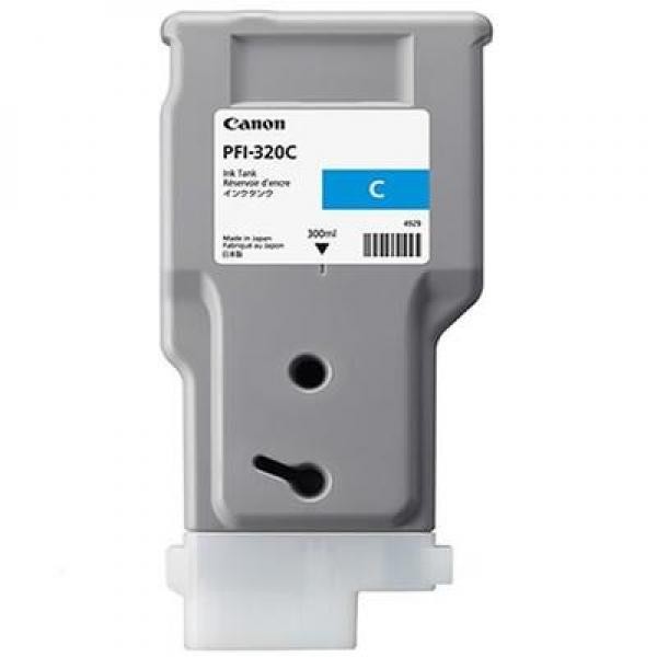 Light blue Canon PFI-320 ink tank, 300ml capacity, featuring a gray plastic body and a prominent label indicating the color and model number.