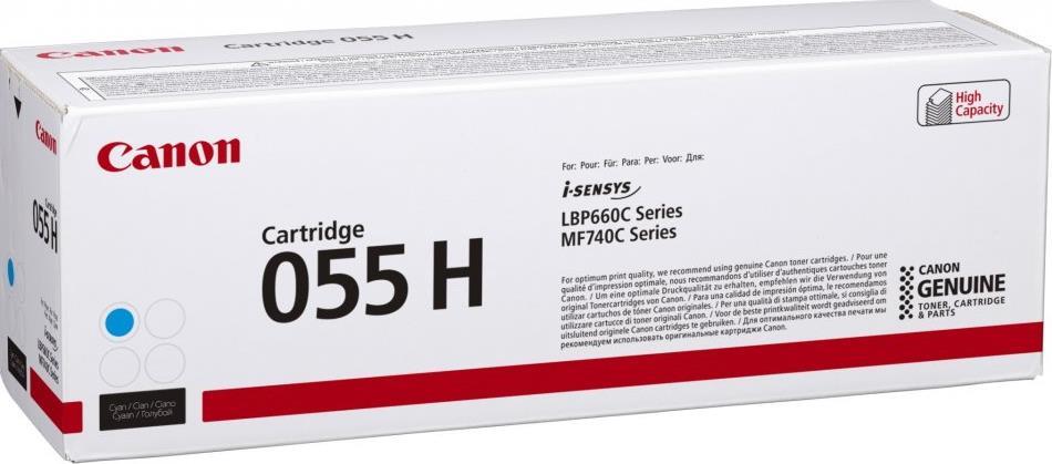 Canon 3019C004/055H Toner Cartridge in cyan, designed for high capacity printing, with packaging displaying model number and compatibility details.