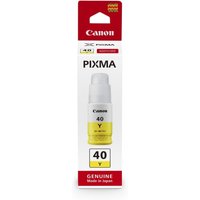 Yellow Canon GI-40Y ink bottle, 70ml, in white and red packaging with Pixma branding and 40Y label.
