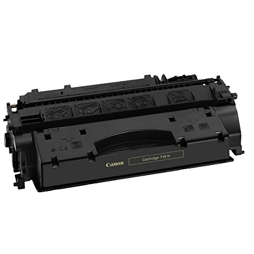 Black Canon CRG-719H laser toner cartridge with high yield, featuring a sleek design, labeled with "Canon" and "Cartridge 719 H," suitable for printing up to 6400 pages.