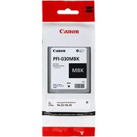 Canon PFI-030MBK black matte ink cartridge, 55ml, in red and white packaging with product label visible.