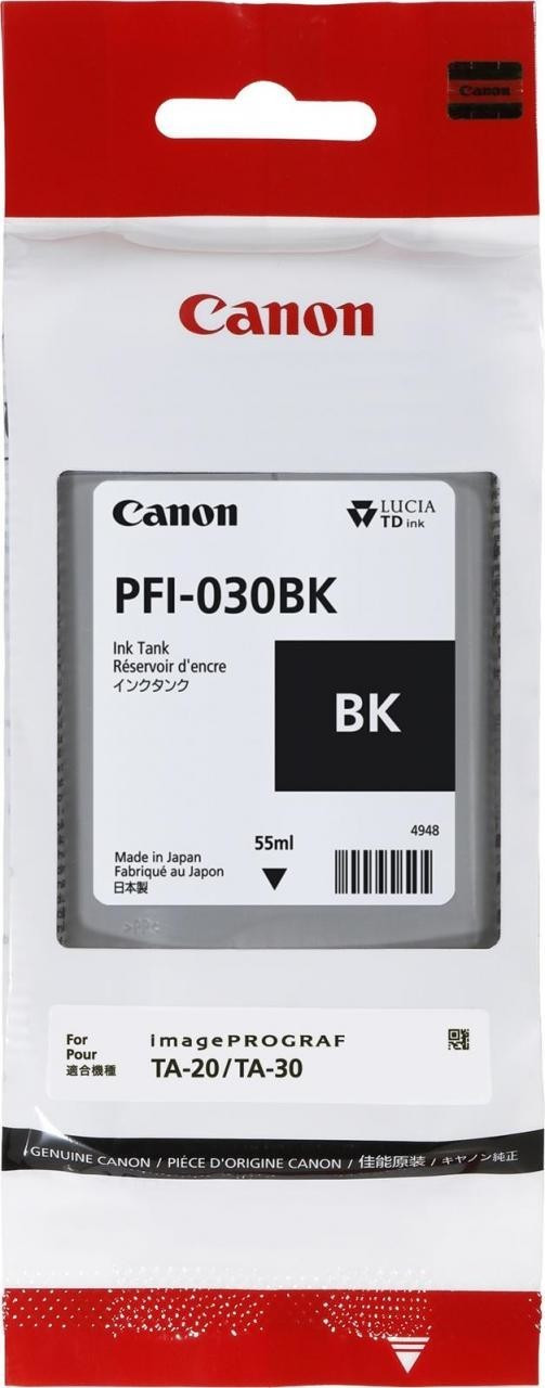 Black ink tank in a sealed plastic package, labeled "Canon PFI-030BK," containing 55ml of LUCIA TD ink, designed for imagePROGRAF TA-20/TA-30 printers.