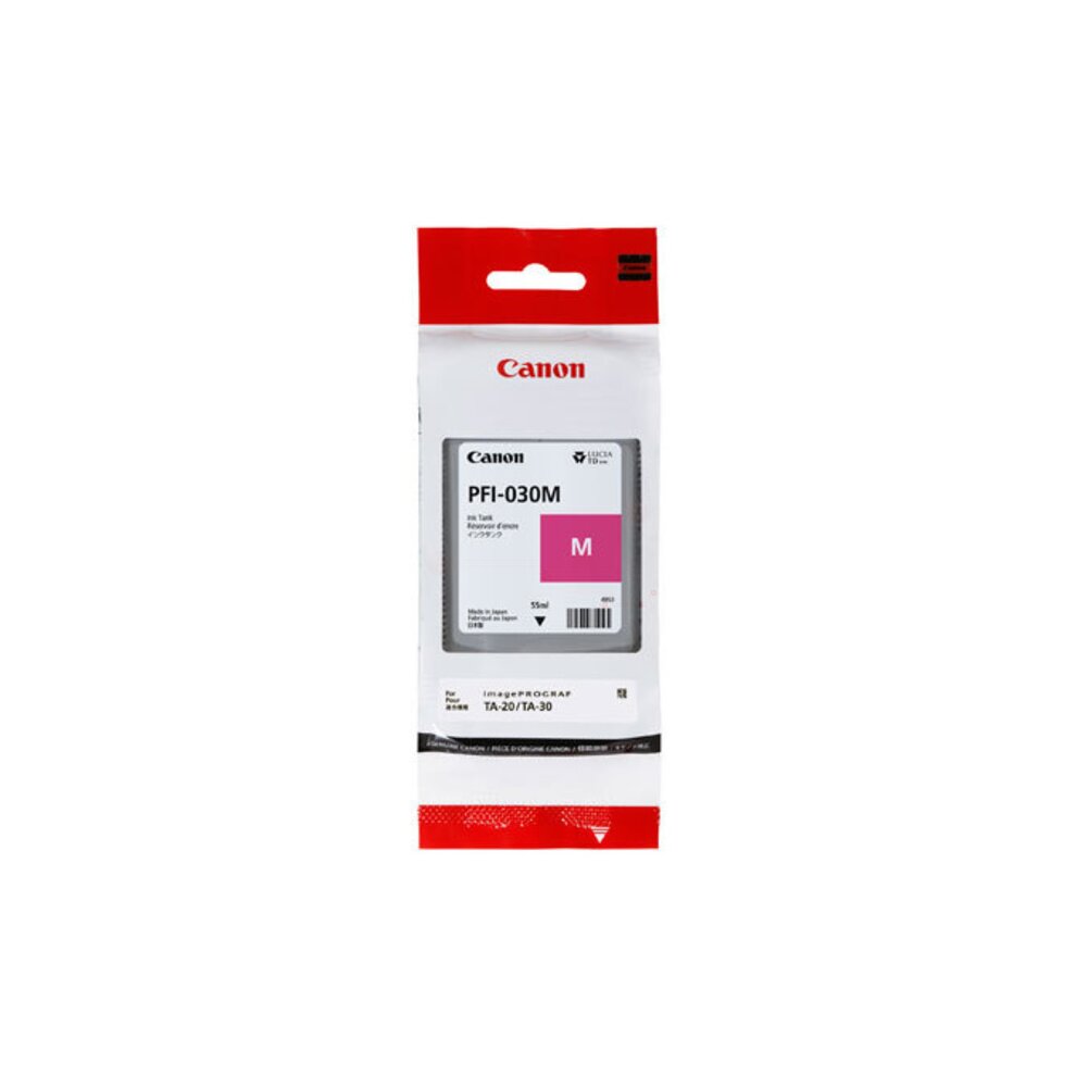 Canon PFI-030 Magenta ink cartridge in a white and red packaging, featuring a clear label with product details and a prominent magenta color swatch.