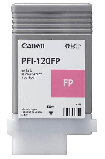 Pink fluorescent ink cartridge labeled PFI-120FP, 130ml capacity, with a gray body and a white connector, featuring Canon branding and product details on the front.