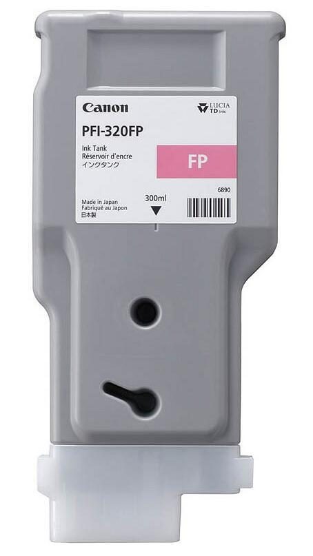 Pink fluorescent ink cartridge by Canon, model PFI-320FP, with a capacity of 300ml, featuring a gray plastic casing and a prominent label indicating the color and model details.