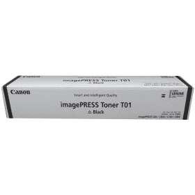 Black toner cartridge box with Canon branding, featuring a sleek design and labeled "imagePRESS Toner T01," emphasizing smart and intelligent quality.