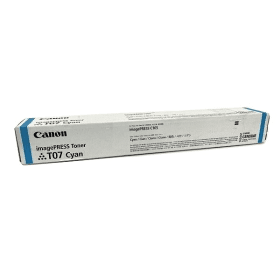 Canon T07 Cyan toner cartridge in a white box with blue accents, featuring product details and branding, designed for imagePRESS printers.
