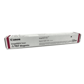 Canon T07 Magenta toner cartridge in a white box with red accents, featuring product details and branding on the packaging.