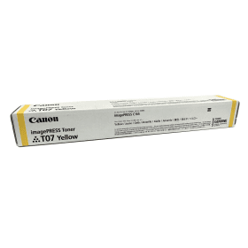 Yellow toner cartridge in a white and gray box, featuring the Canon logo, product name "T07," and details about compatibility and usage.