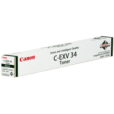 Canon C-EXV34 black laser toner cartridge in a rectangular white box with green accents, featuring product details and branding on the packaging.