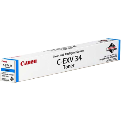 Cyan toner cartridge in a white box with red and blue accents, labeled "C-EXV 34" and featuring Canon branding, designed for laser printers.