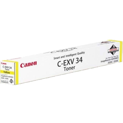 Yellow Canon C-EXV34 toner cartridge box featuring a white background, red and yellow accents, and text indicating smart and intelligent quality.