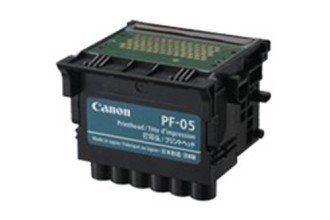 Canon PF-05 printhead in black plastic with a green top, featuring a grid of nozzles and labeled for compatibility with Canon IPF 6300/6400/8300 series printers.