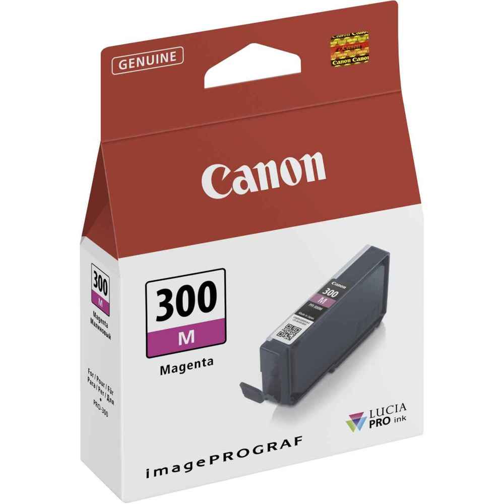 Magenta ink cartridge in a rectangular box with a red and white design, labeled "Canon" and "300 M," featuring a QR code and "Genuine" text, suitable for imagePROGRAF printers.