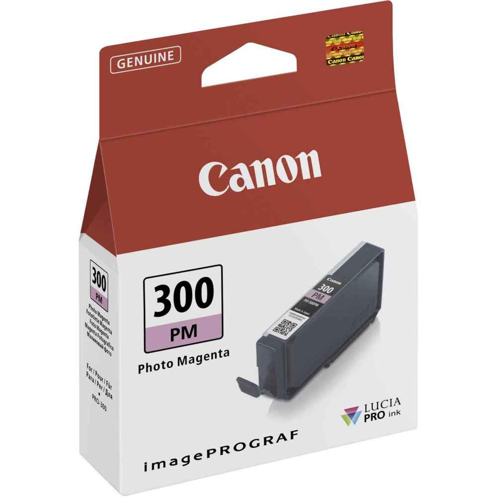 Canon PFI-300PM Photo Magenta ink cartridge in a gray plastic casing, packaged in a red box with white text, featuring a barcode and "Genuine" label.