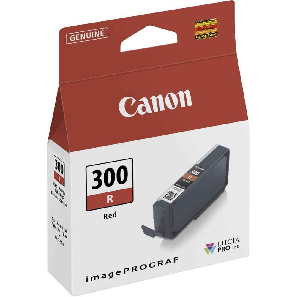 Red Canon PFI-300R ink cartridge packaging features a sleek design with a prominent "300" label, barcode, and "Genuine" branding, suitable for imagePROGRAF printers.