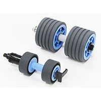 Canon printer/scanner spare part rollers, set of two, gray with blue centers, ribbed texture, black connectors.