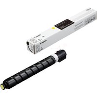 Yellow Canon toner cartridge, black cylindrical design, with white and black packaging box.