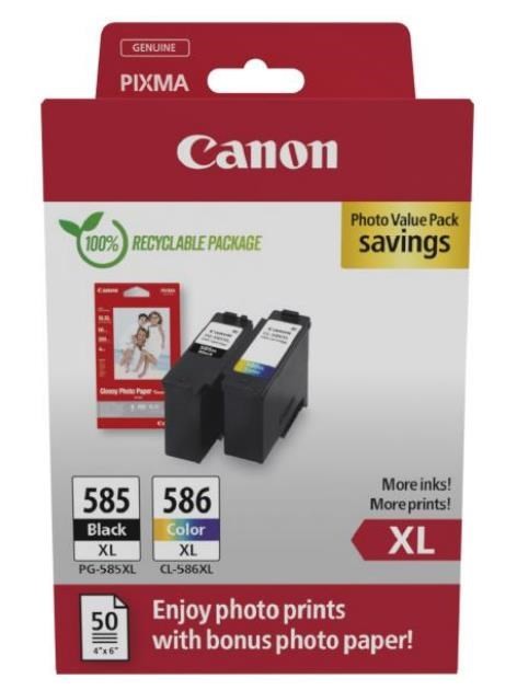 Canon PG-585XL and CL-586XL ink cartridges in a red recyclable package, featuring black and color cartridges, with a bonus of glossy photo paper for printing.