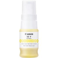 Yellow Canon GI-55Y ink bottle with white cap, 40ml capacity, labeled for 3K pages, ISO/IEC 19752 standard.