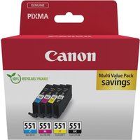 Canon 6509B015 ink cartridge pack with black, cyan, magenta, yellow cartridges in red and white box.