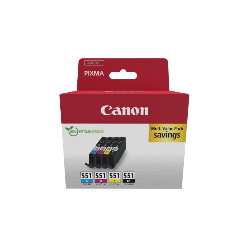 Canon CLI-551 multipack featuring four ink cartridges in black, cyan, magenta, and yellow, packaged in a recycled cardboard box with a red and white design.