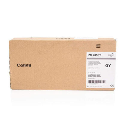 Canon PFI-706GY original grey high-capacity ink cartridge in a brown cardboard box, featuring product details and a barcode label on the side.