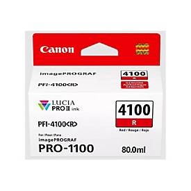 Red Canon PFI-4100R Original Ink Cartridge packaging, featuring a white box with red accents, labeled with product details and a capacity of 80.0ml.