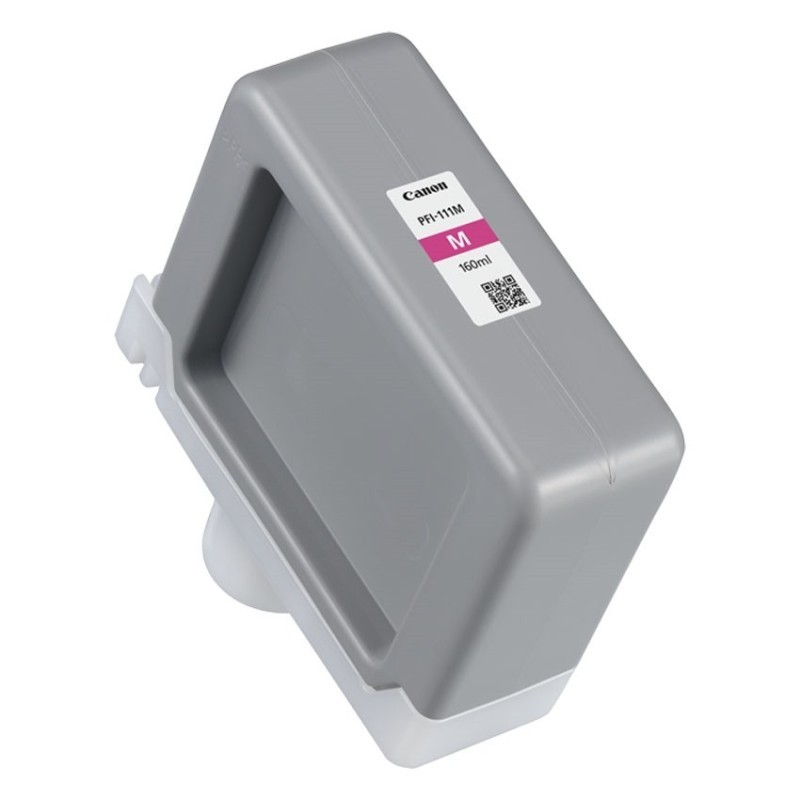 Magenta ink cartridge with a gray and white design, labeled PFI-111M, holds 160ml, featuring a QR code and Canon branding.