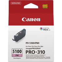 Canon PFI-5100PM light magenta ink cartridge in red and white packaging with image of cartridge and text details.