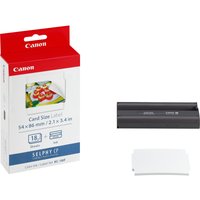 Canon photo cartridge with color ink, sticker paper pack, red and white box, 18 sheets, card size label.