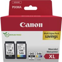 Canon PG-545+CL-546XL cartridge multi pack, red box, black and color ink cartridges, XL size, recyclable packaging.