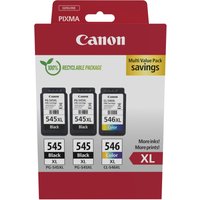 Canon ink cartridge pack with three XL cartridges in black, cyan, magenta, yellow, in red and white packaging.