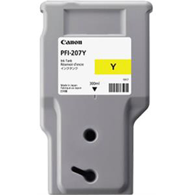 Canon PFI-207 yellow ink cartridge, featuring a gray plastic body, labeled with "PFI-207" and "Y" for yellow, containing 300ml of ink.