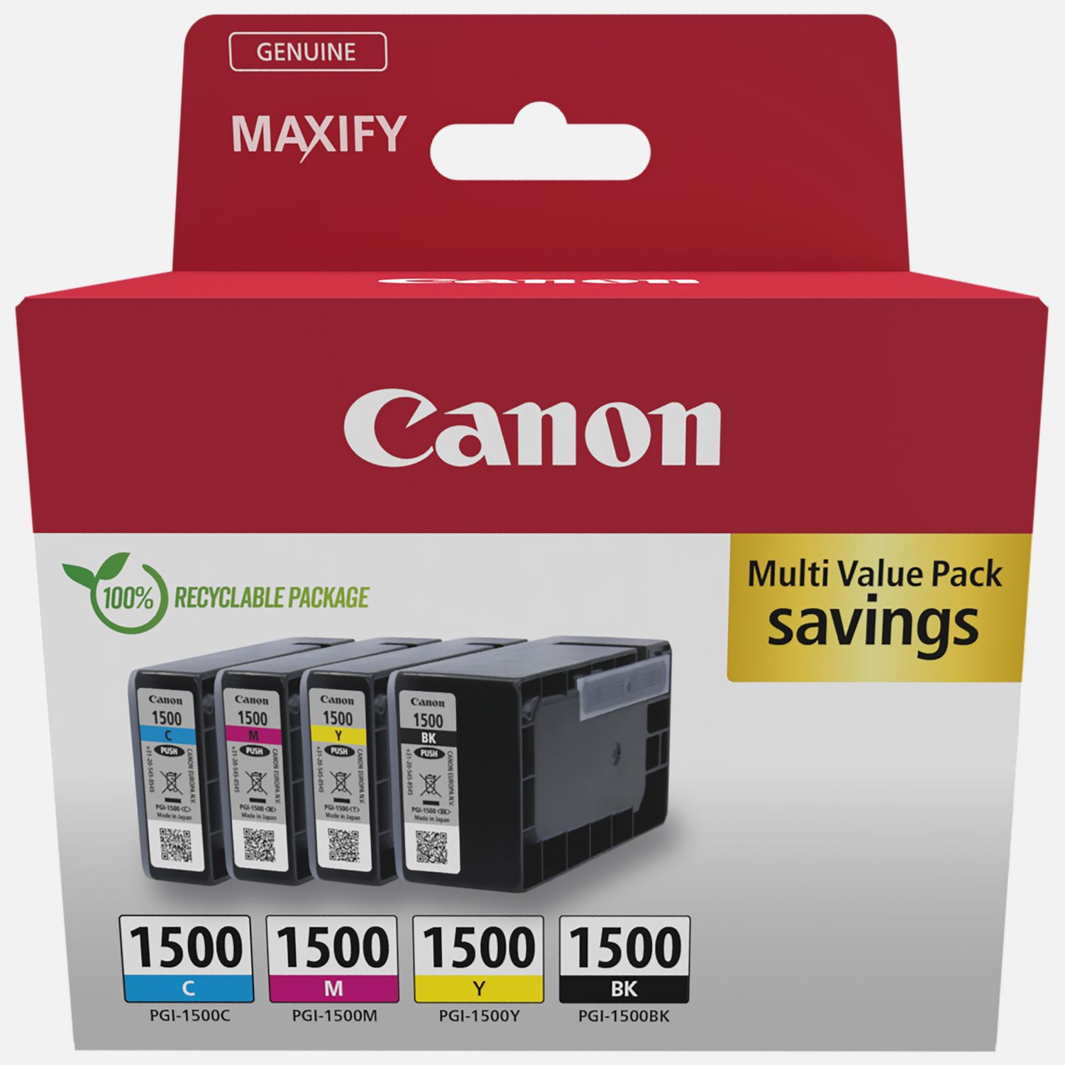 Canon PGI-1500 ink cartridges multipack featuring four cartridges in black, cyan, magenta, and yellow, displayed in a recyclable cardboard box with a red top and white logo.