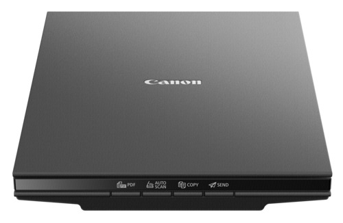 Black Canon Lide 300 scanner with a sleek design, featuring a textured surface and buttons for PDF, Auto Scan, Copy, and Send functions.