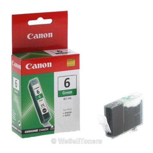 Canon BCI-6G green ink cartridge in a green and red box, featuring a clear plastic cartridge with a label indicating the color and model number.