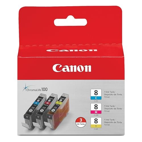 Three Canon ink cartridges in a red packaging, featuring cyan, magenta, and yellow colors, labeled as CLI-8 with a total of 13 ml per tank.