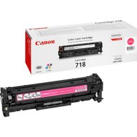 Canon CRG-718 M toner cartridge, black casing with magenta label, next to branded white and red packaging box.